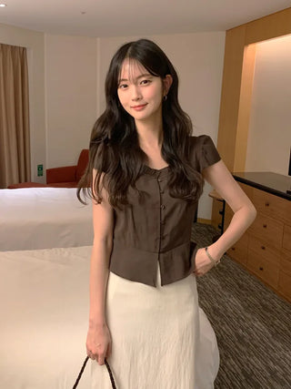 [2 colors] Frill Button Short Sleeve Blouse