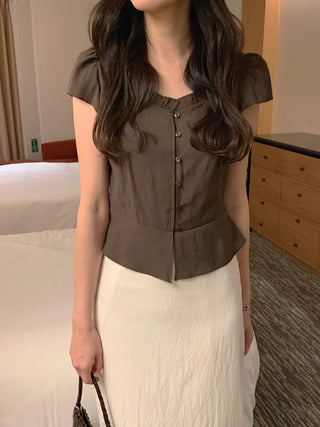 [2 colors] Frill Button Short Sleeve Blouse