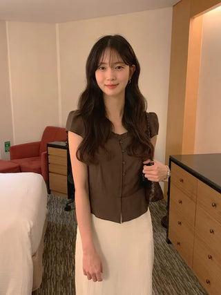 [2 colors] Frill Button Short Sleeve Blouse