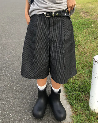(Unisex) Striped Black Denim Loop Bermuda Pants