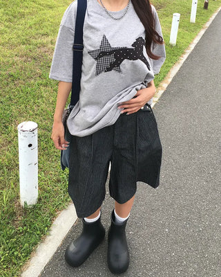 (Unisex) Striped Black Denim Loop Bermuda Pants