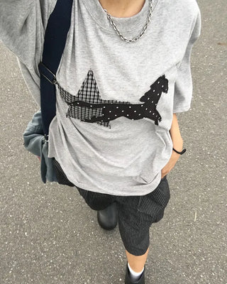 (Unisex) Check Star Dot Horse Patch Half T-Shirt