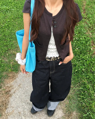 (Unisex) Back Cinch Flap Pocket Rigid Jeans
