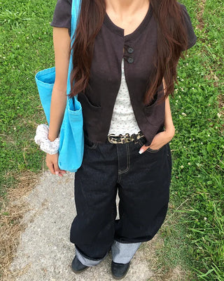 Loop-two-button cap-sleeve cardigan