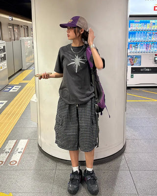 (Unisex) Check Star Patch Stitch Half T-Shirt