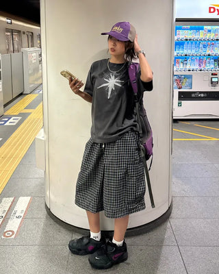 (Unisex) Check Seersucker Half Cargo Pants