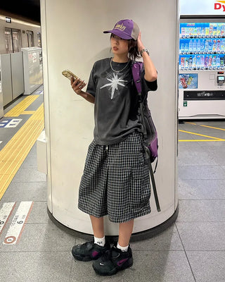 (Unisex) Check Star Patch Stitch Half T-Shirt