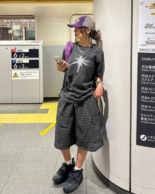 (Unisex) Check Star Patch Stitch Half T-Shirt