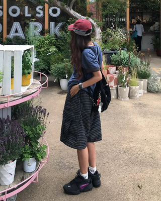 (Unisex) Check Seersucker Half Cargo Pants