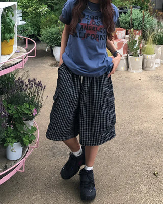 (Unisex) Check Seersucker Half Cargo Pants