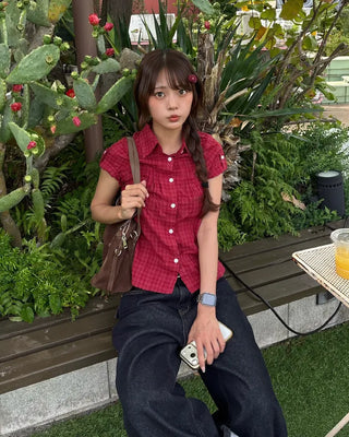 Check Ripple Pintuck Roll-Up Shirt