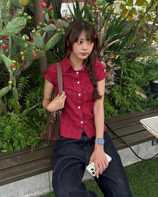 Check Ripple Pintuck Roll-Up Shirt