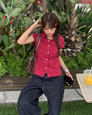 Check Ripple Pintuck Roll-Up Shirt