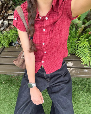 Check Ripple Pintuck Roll-Up Shirt