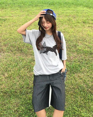 (Unisex) Striped Black Denim Loop Bermuda Pants