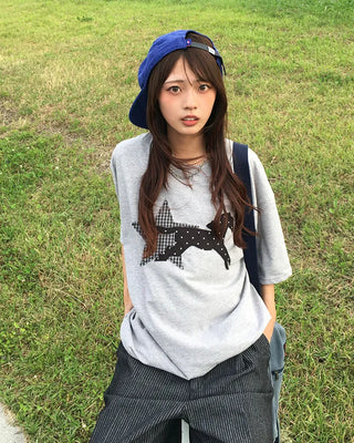 (Unisex) Check Star Dot Horse Patch Half T-Shirt