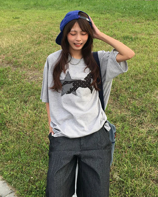 (Unisex) Check Star Dot Horse Patch Half T-Shirt