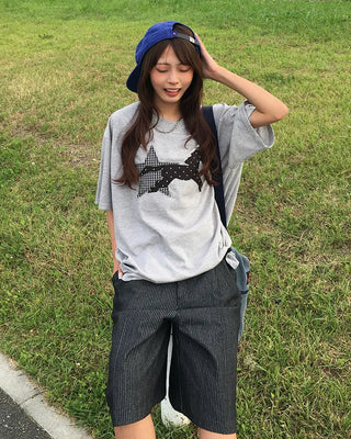 (Unisex) Striped Black Denim Loop Bermuda Pants