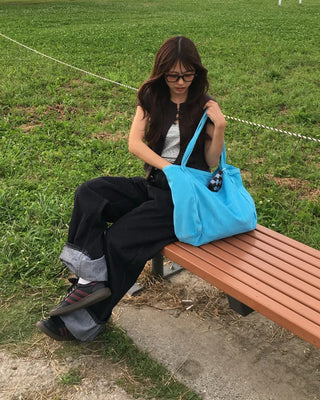 Color-washed denim square tote bag