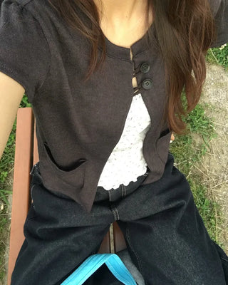 Loop-two-button cap-sleeve cardigan