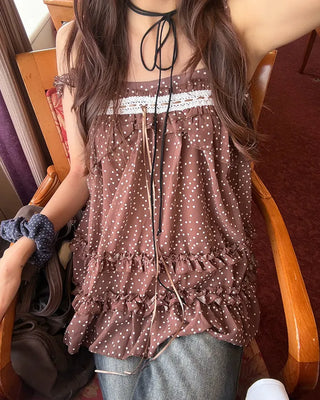 Polka Dot Lace Ribbon Camisole Tunic