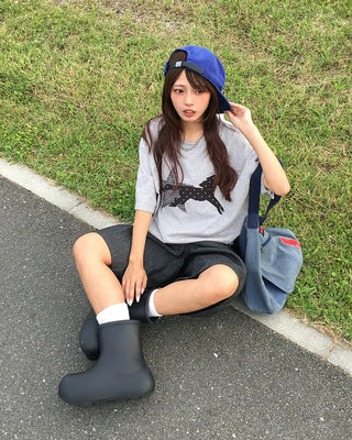 (Unisex) Check Star Dot Horse Patch Half T-Shirt
