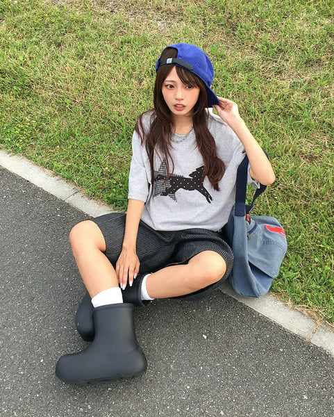 (Unisex) Check Star Dot Horse Patch Half T-Shirt