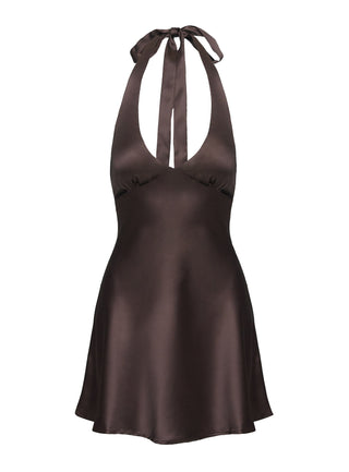 Pelagia Halter Scarf Tie Mini Dress Brown Petite