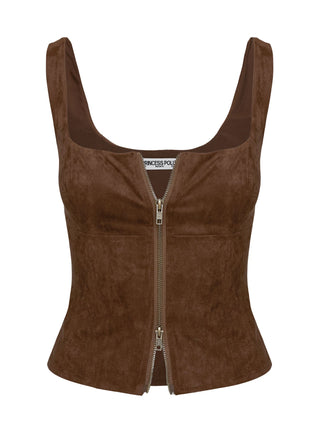 Rodeo Faux Suede Zip Through Top Brown