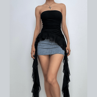 Ruffle mesh ruched irregular solid tube top