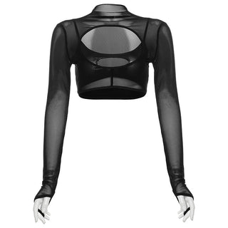 Long sleeve high neck hollow out gloves crop cut out top