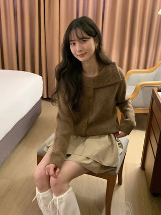 (3 colors) High-neck knit cardigan