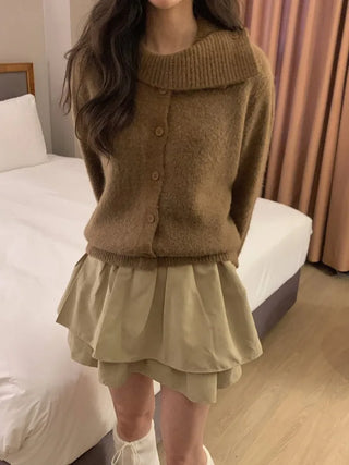 (3 colors) High-neck knit cardigan