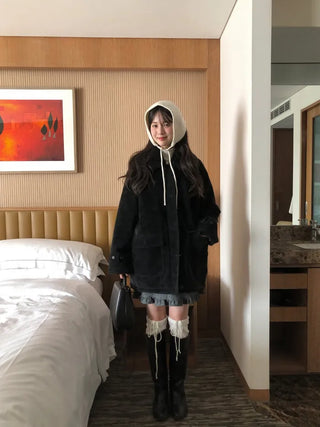 (3 colors) Faux Leather Reversible Boa Military Jacket