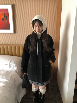 (3 colors) Faux Leather Reversible Boa Military Jacket