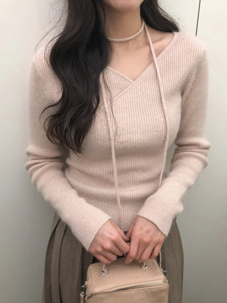 (3 colors) Angora V-neck knit