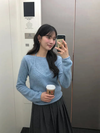 (set) (4 colors) Wool halter neck knit set