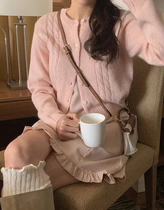 (3 colors) Cable Knit Round Neck Cardigan