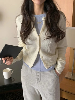 (3 colors) Cable Knit Round Neck Cardigan
