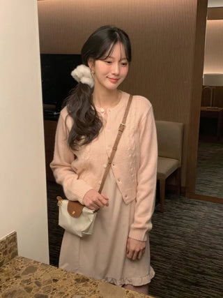 (3 colors) Cable Knit Round Neck Cardigan