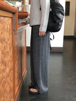 (3 colors) Striped elastic waist pants