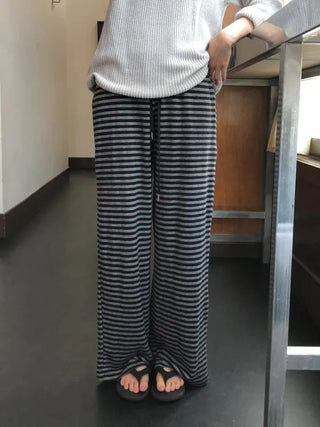 (3 colors) Striped elastic waist pants