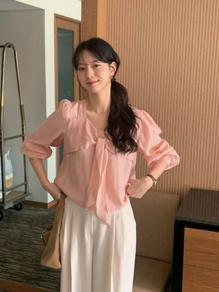 (3 colors) Blouse with tie