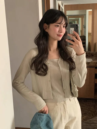 (Set) (3 colors) Slim Fit Camisole Cardigan Set