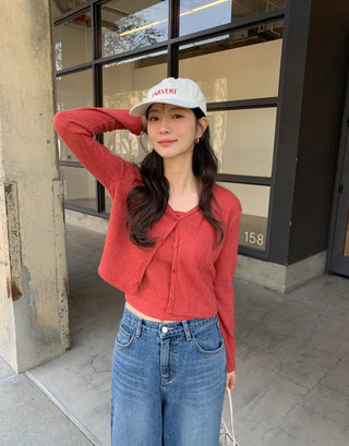 (Set) (3 colors) Slim Fit Camisole Cardigan Set