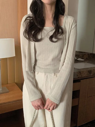 (Set) (3 colors) Slim Fit Camisole Cardigan Set