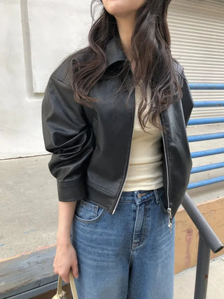 (2 colors) Cropped Leather Jacket
