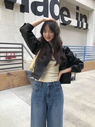 (2 colors) Cropped Leather Jacket