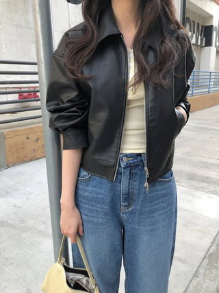 (2 colors) Cropped Leather Jacket
