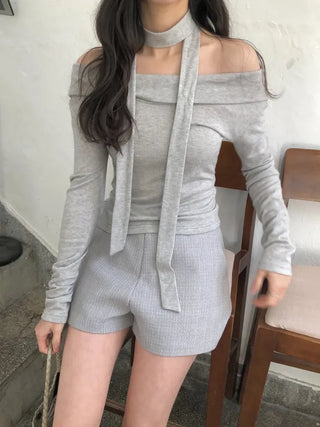 (3 colors) Tie-off shoulder T-shirt